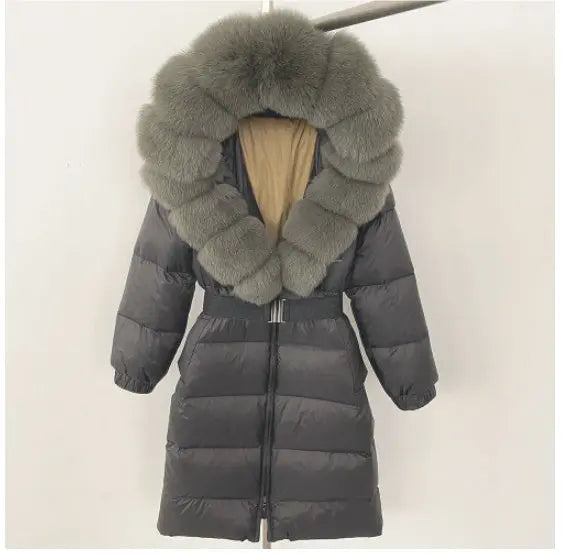 Women's Long Cinched Hoodie Real Fox Fur Collar Coat null