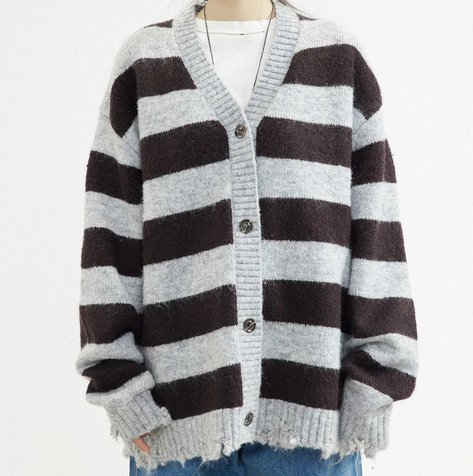 Mohair And Wool-blend Coffee Grey Striped Cardigan Sweater Nipaaj