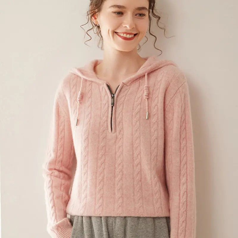 Cashmere Sweater Women's Hooded Twist Half-open Collar Sweater Nipaaj
