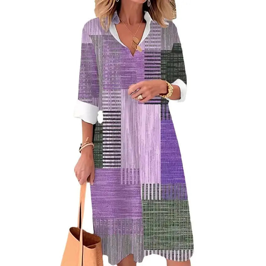 Casual Printing Lapel Long Sleeve Button Irregular Shirt Dress null