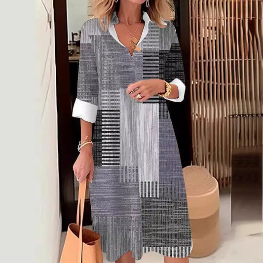 Casual Printing Lapel Long Sleeve Button Irregular Shirt Dress null