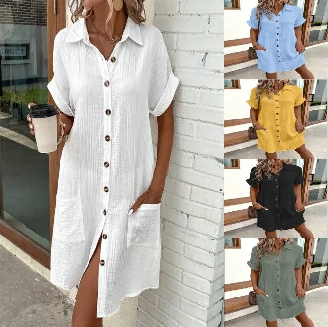 Summer Short Sleeve Shirt Dress Fashion Solid Color Single-breasted Mid-length Loose Dress null