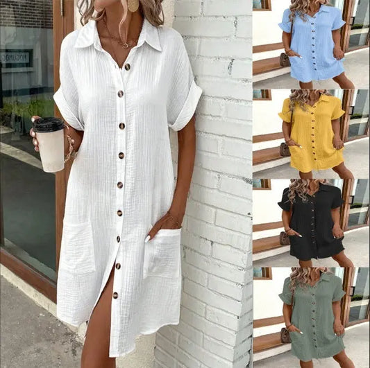 Summer Short Sleeve Shirt Dress Fashion Solid Color Single-breasted Mid-length Loose Dress null