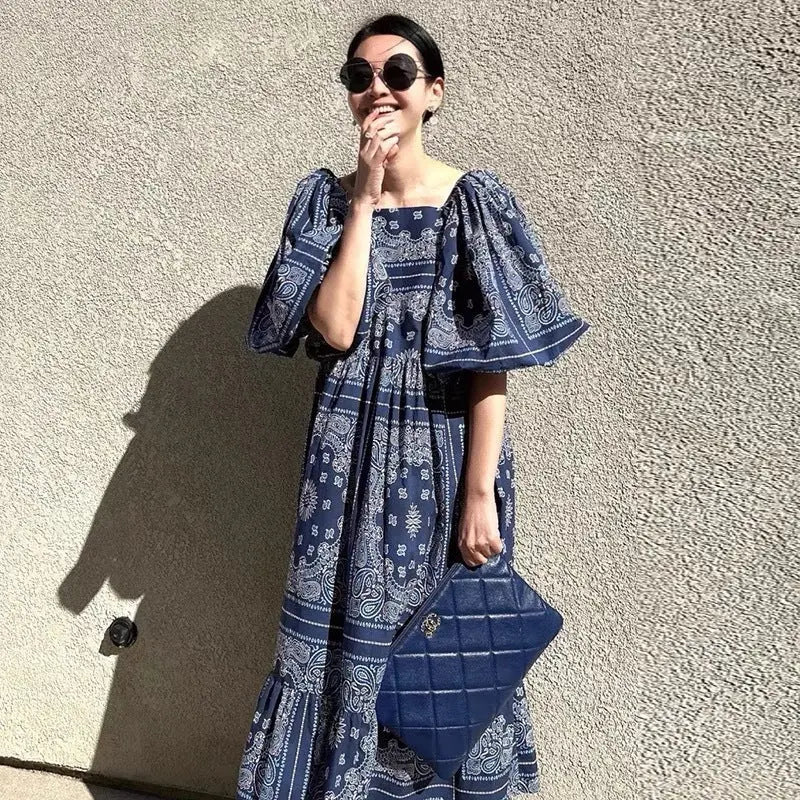 Printed Loose Casual Puff Sleeve Dress null