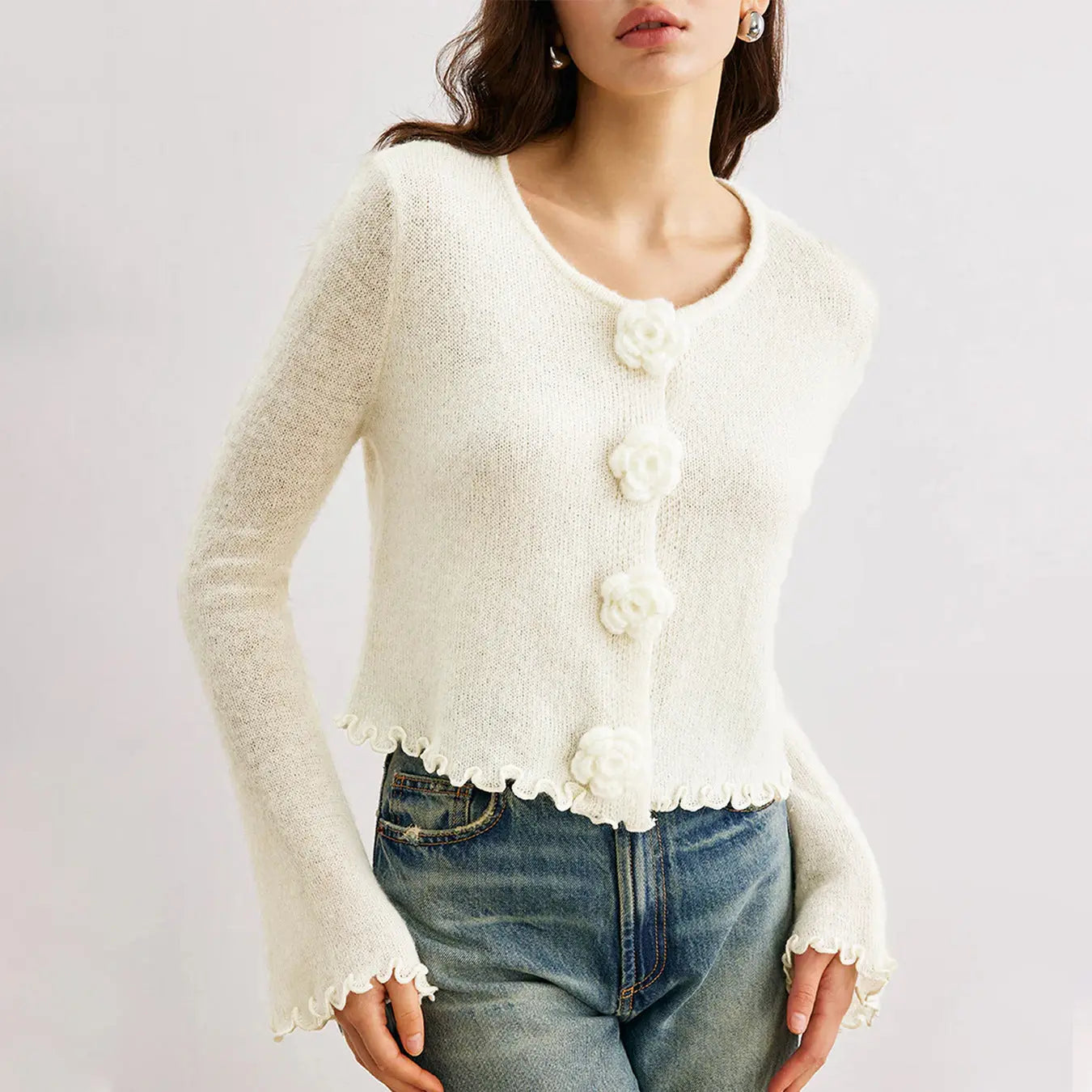 Three-dimensional Flower Slim Fit Stringy Selvedge Knitwear Nipaaj