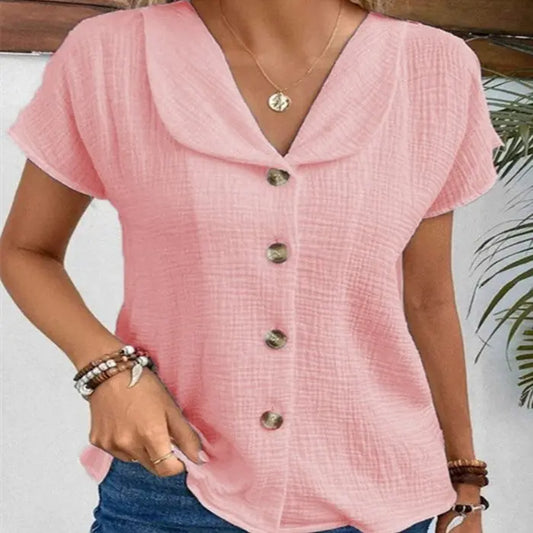 Summer Solid Color Fashion Short-sleeved Cardigan Button Women's Top Nipaaj