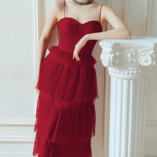 Suspender Spread Chest Temperament Dark Red Flowing Small Dress Long Skirt Nipaaj