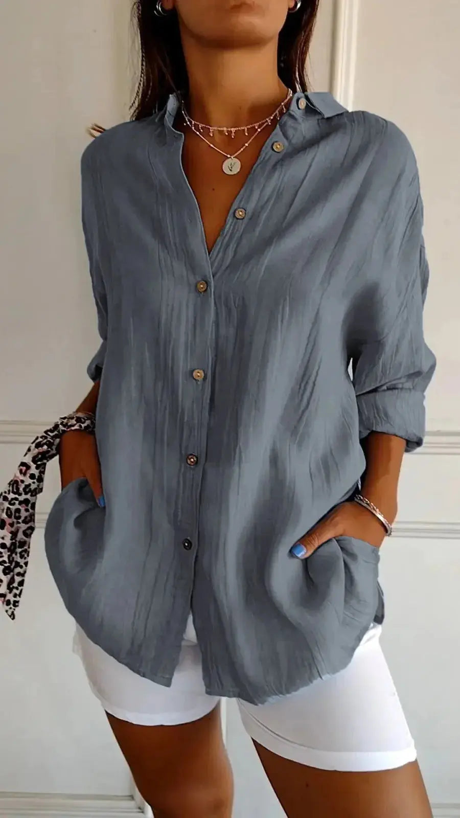Lapel Long Sleeve Shirt Women's Single-breasted Pleated Shirt null