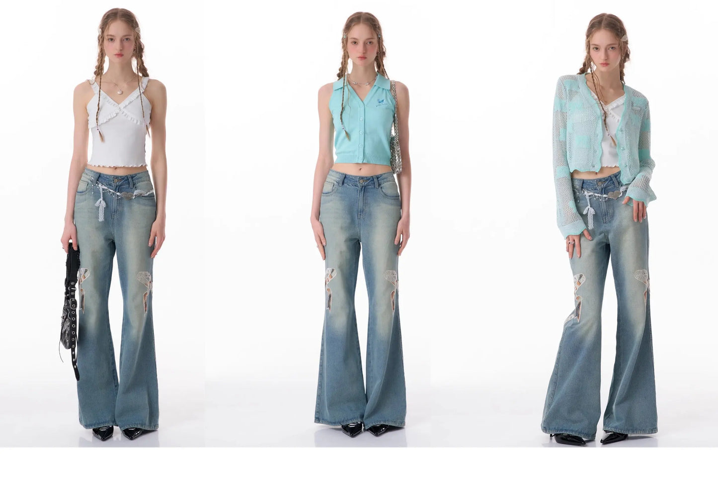 High Waist Bow Patch Wide Leg Straight Jeans Nipaaj
