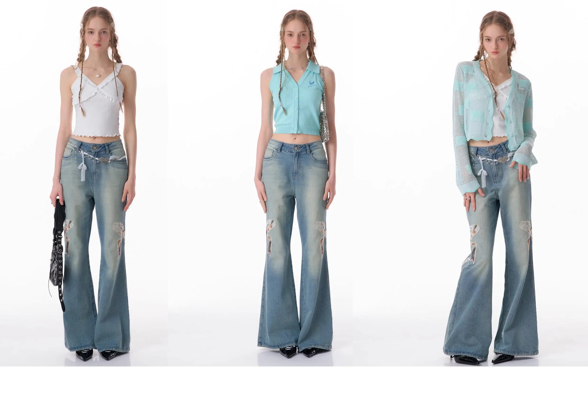 High Waist Bow Patch Wide Leg Straight Jeans Nipaaj