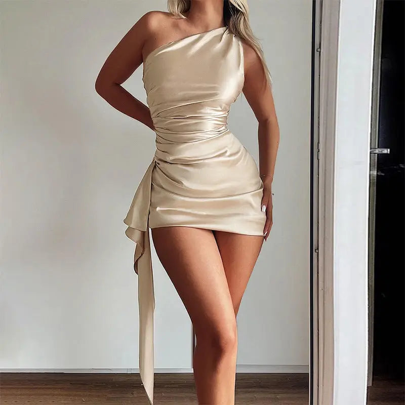 One-shoulder Sleeveless Mini Dress Sexy Slim Backless Skirt Party Wedding Dresses Womens Clothing null