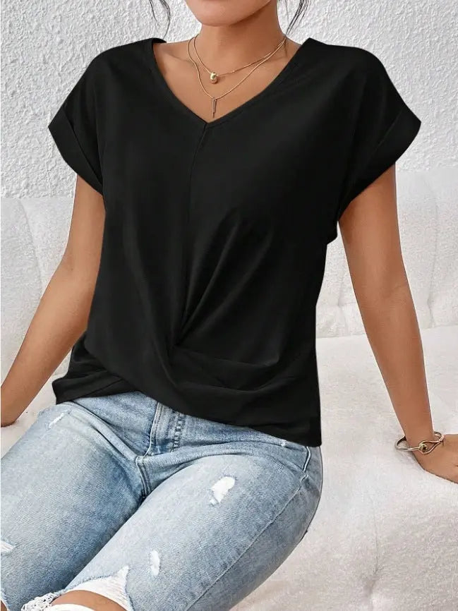 Fashion V-neck Short-sleeve T-shirt Summer Casual Irregular Knot Top For Women Clothing Nipaaj