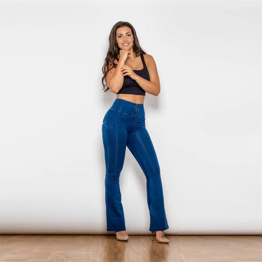 Women's High Waist Dark Blue Straight Tube Peach Jeans Nipaaj
