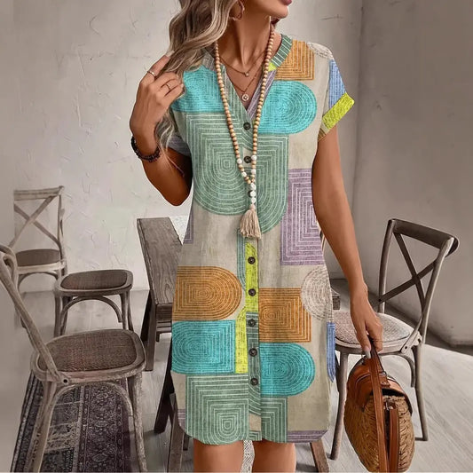 Printed Woven Elegant V-neck Button Dress null
