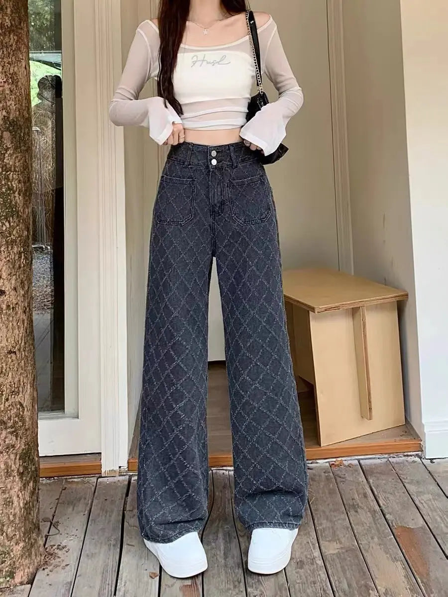 Summer Ladies New Loose Drooping Slimming Jacquard Design Straight-leg Denim Trousers Nipaaj