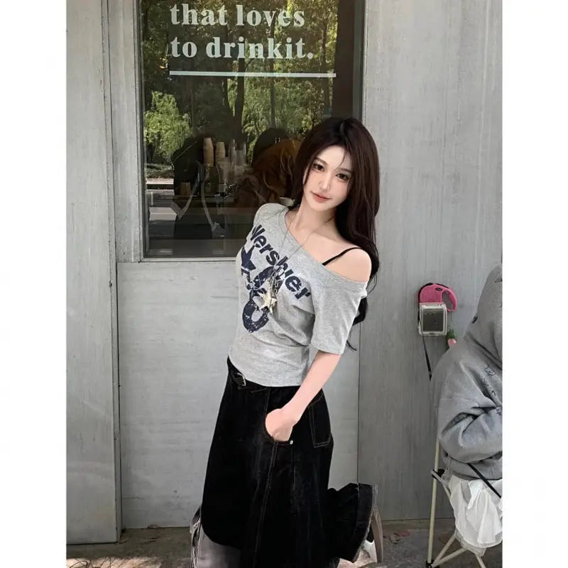 Oblique Shoulder Printed Short Sleeve Summer Slim-fit Crop-top null