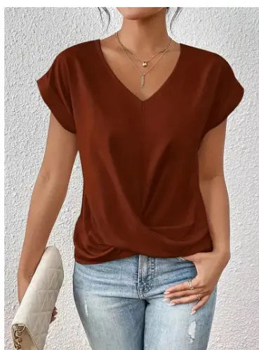 Fashion V-neck Short-sleeve T-shirt Summer Casual Irregular Knot Top For Women Clothing Nipaaj