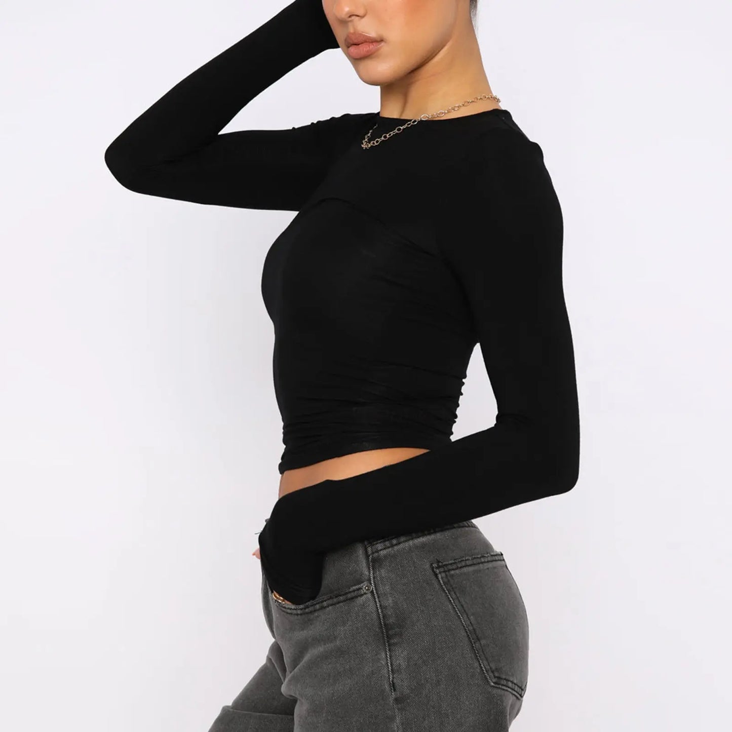Women's Clothing Fashion Slim Long-sleeved Pullovers Tops Solid Causal Fit Shirts null