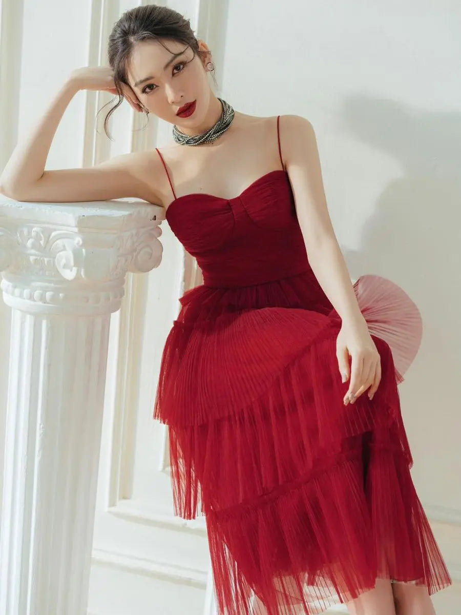Suspender Spread Chest Temperament Dark Red Flowing Small Dress Long Skirt Nipaaj