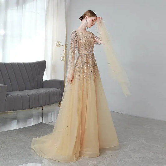 Gold High End Flying Sleeve Long Evening Dress Nipaaj
