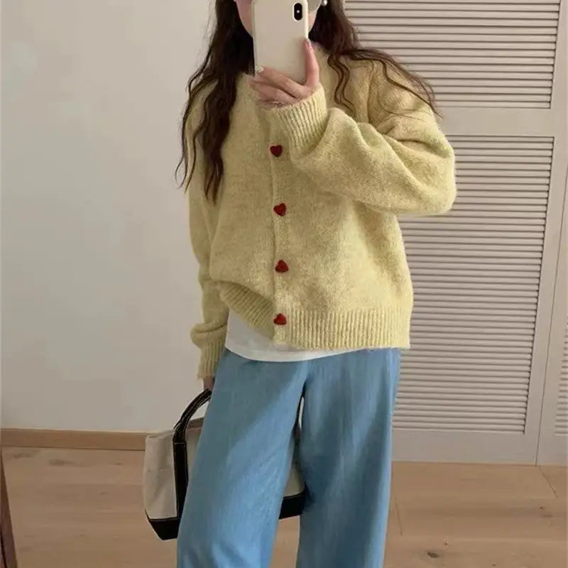 Round Neck All-matching Design Love Girl Buckle Knitted Cardigan Sweater Coat For Women Nipaaj