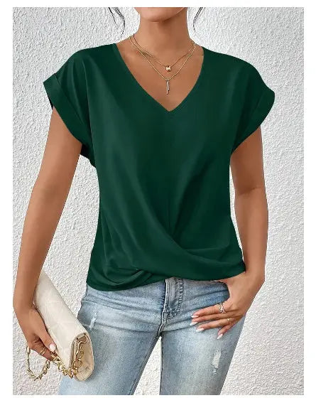 Fashion V-neck Short-sleeve T-shirt Summer Casual Irregular Knot Top For Women Clothing Nipaaj