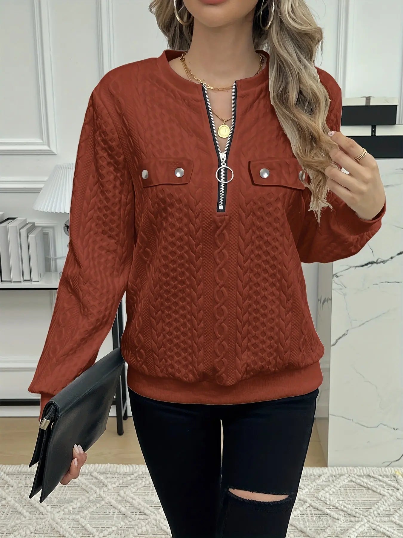 Short Women's Clothing With Zipper Sweater Long Sleeve null