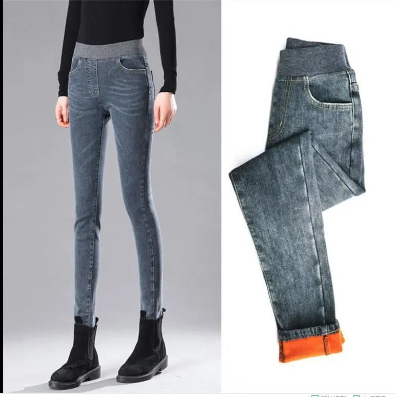 Outer wear warm stretch and fleece elastic waist jeans Nipaaj