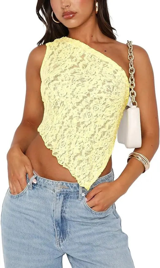 Ins Lace Backless Top Summer Solid Color Waistless Asymmetrical Sloped Neck Vest Streetwear Womens Clothes null