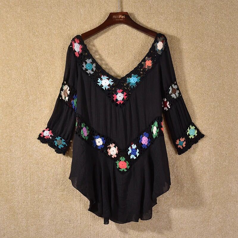 Amazon AliExpress Hot Selling Product Boho Hollow Out Hand Crocheting Flower Bikini Loose Beach Cover-up