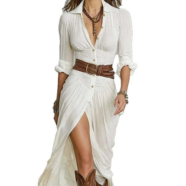 Women's Sexy Solid Color Irregular Pleated With Belt Dress