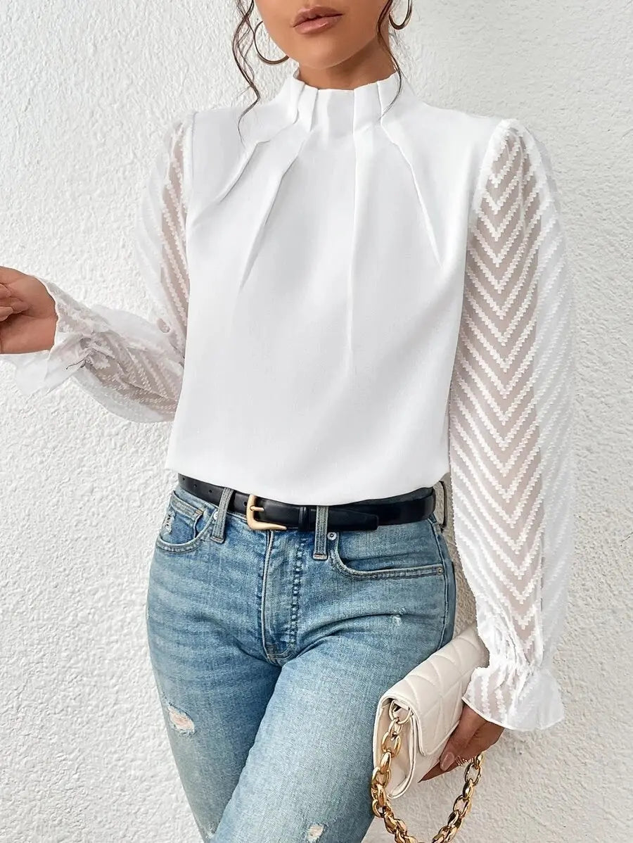 Women's Half-turtleneck Stitching Wavy Chiffon Long-sleeved Top Nipaaj