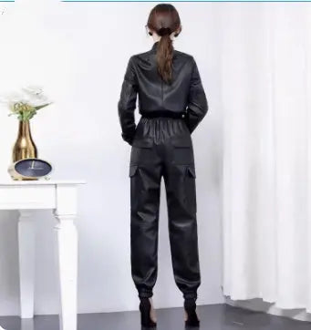 Unique And High-end Feeling, Slim Fitting Black PU Leather Work Suit And Jumpsuit For Women null