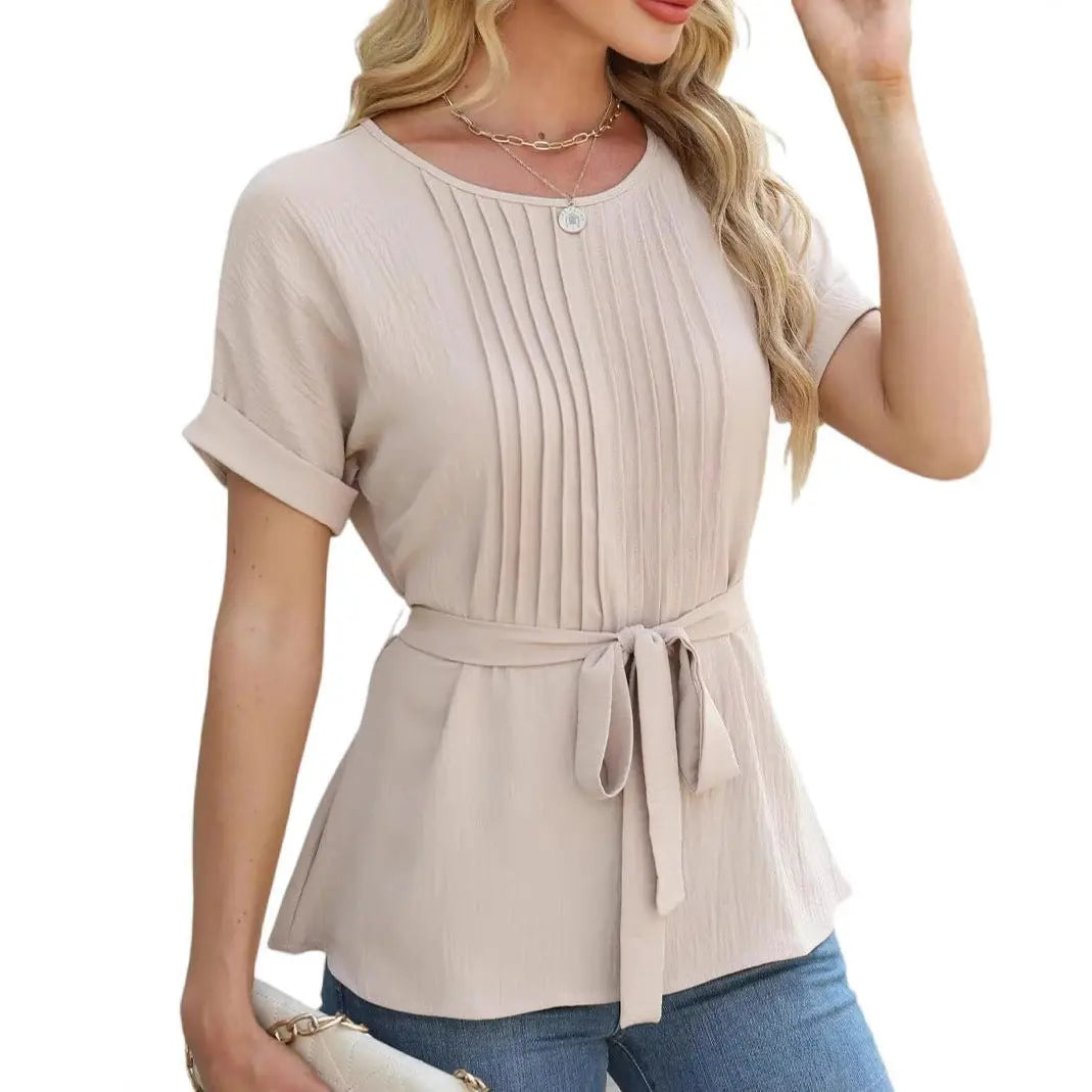Casual Shirt Ruffled Pleated Round Neck Short Sleeve Top Nipaaj