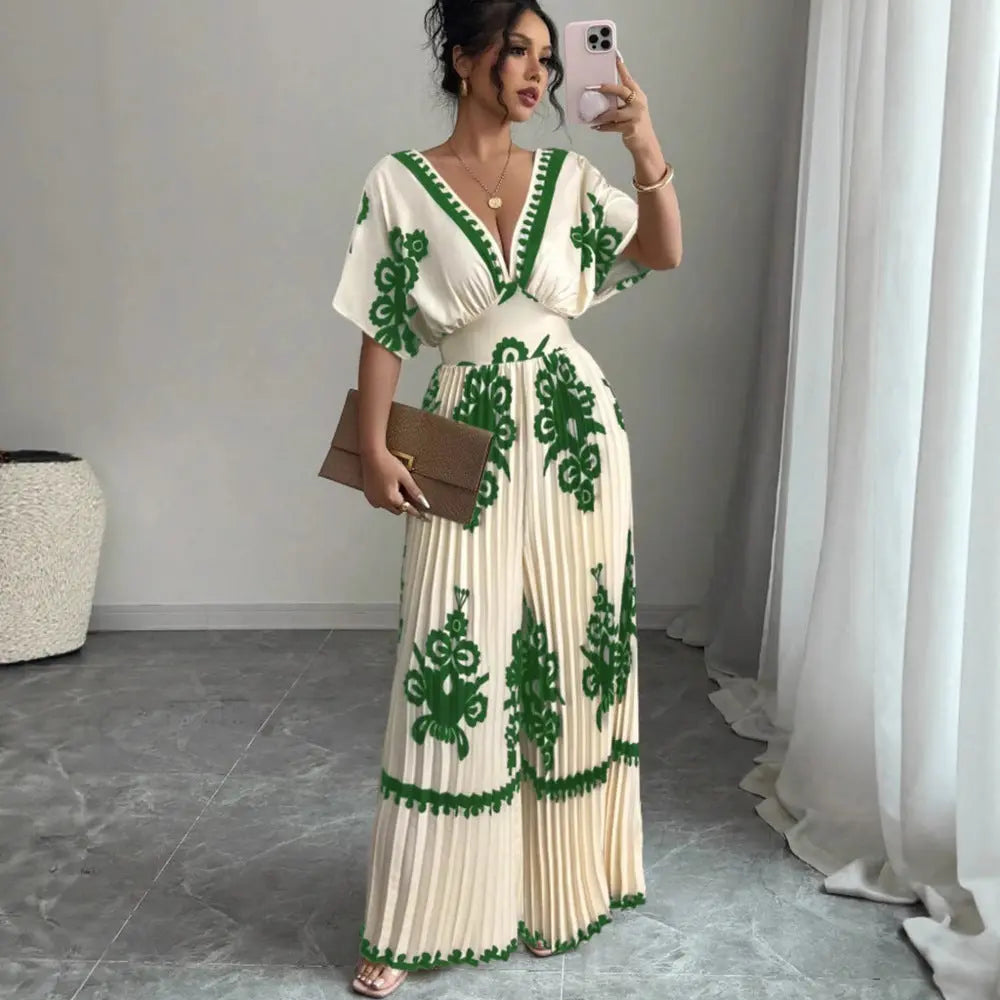 Casual Printed Loose Short-sleeved Jumpsuit Nipaaj