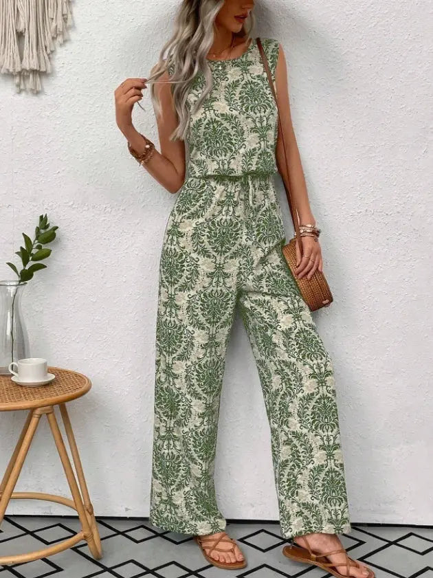 Printed Waist Cinching Casual Straight Leg Pants Set null