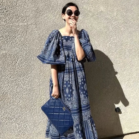 Printed Loose Casual Puff Sleeve Dress null