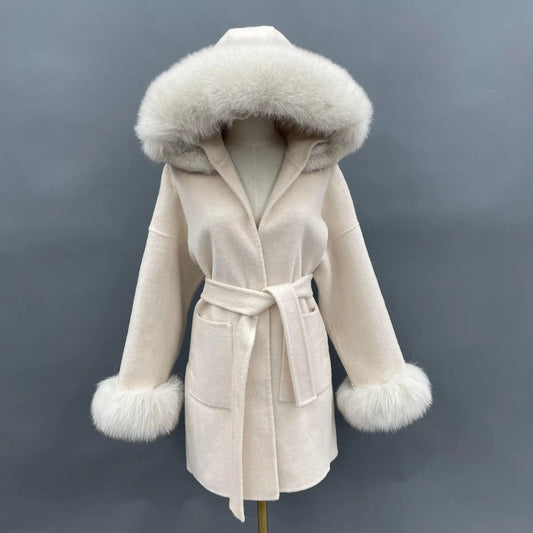 Oversized Fur Collar Hood Double-sided Woolen Coat null