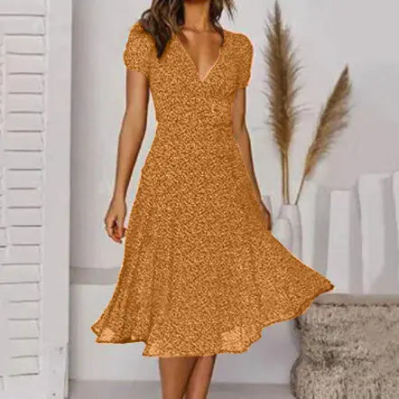 Printed V-Neck Short-Sleeved Lace-Up Dress null