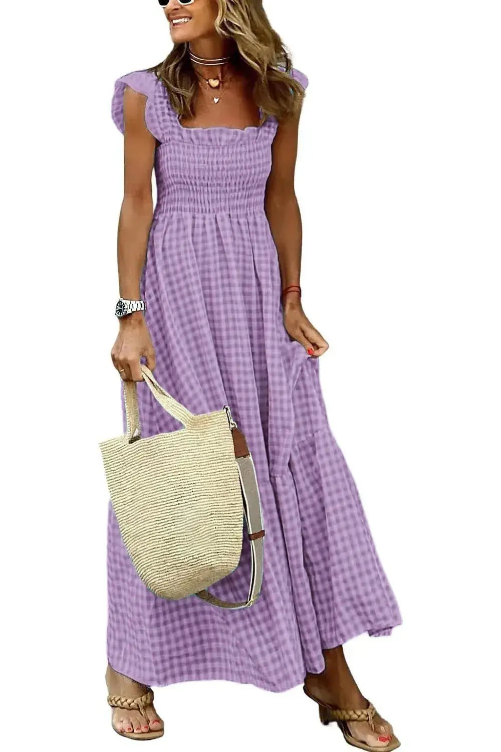 Summer Plaid Print Pleated Ruffle Dress INS Fashion Sleeveless A-line Swing Beach Dress Women's Clothing null
