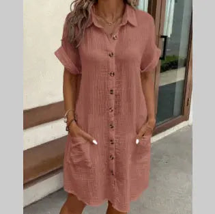 Summer Short Sleeve Shirt Dress Fashion Solid Color Single-breasted Mid-length Loose Dress null