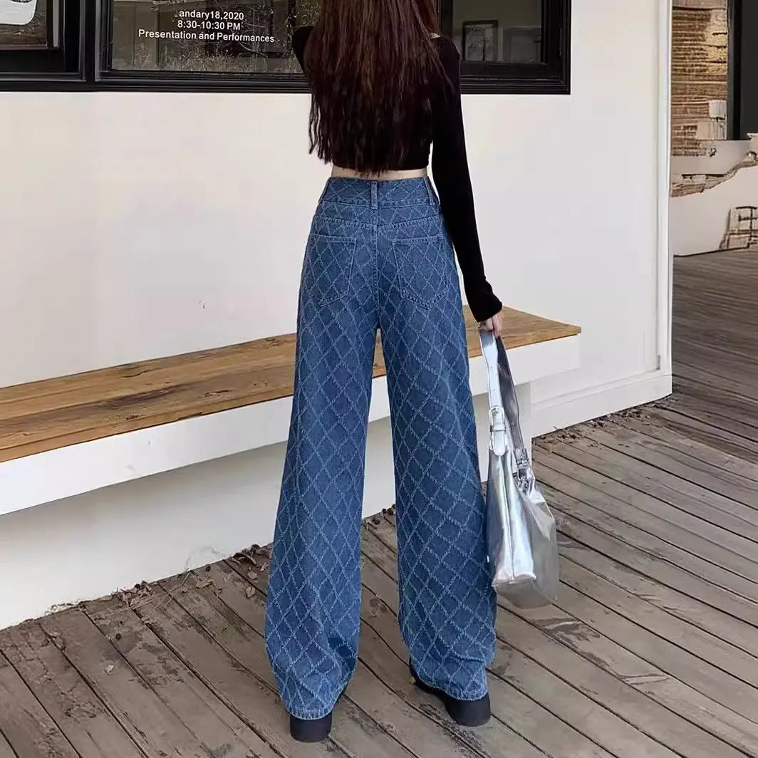 Summer Ladies New Loose Drooping Slimming Jacquard Design Straight-leg Denim Trousers Nipaaj