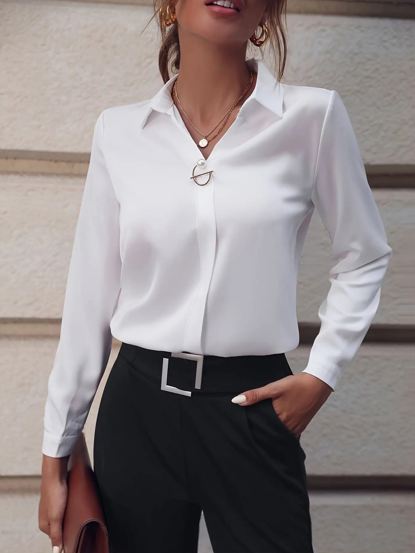 Commuter Women's Shirt Versatile Simple Solid Color Long Sleeve Mid-length Plus Size null