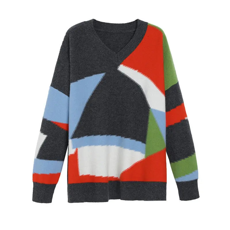 Colorblock V-neck Loose Lazy Knit Sweater Nipaaj