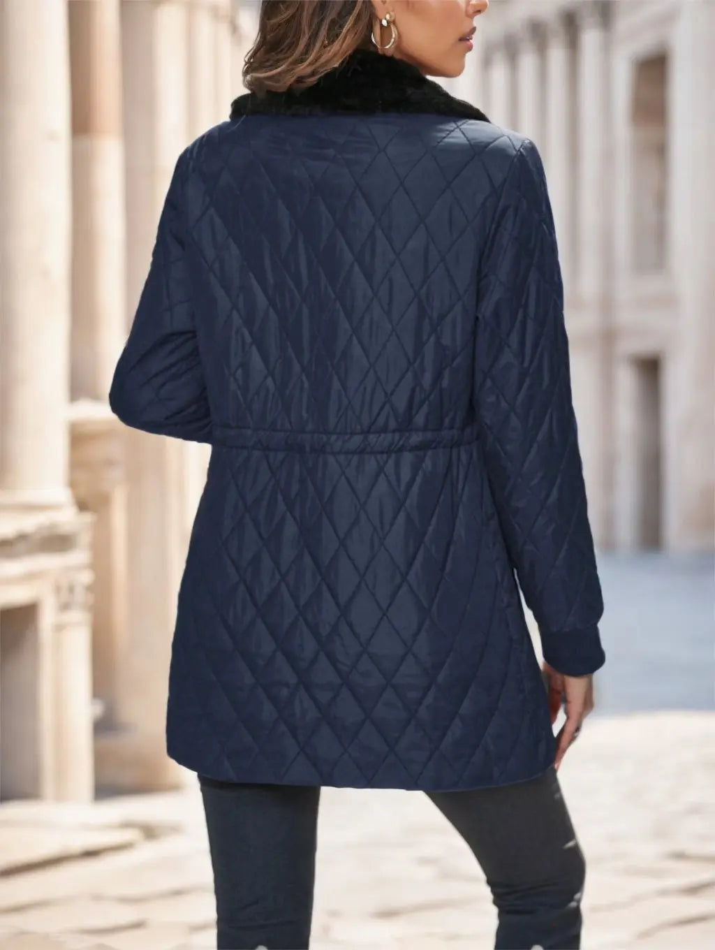 Casual Winter Clothes Contrast-Color Fur Collar Drawstring Waist Padded Padded Coat null
