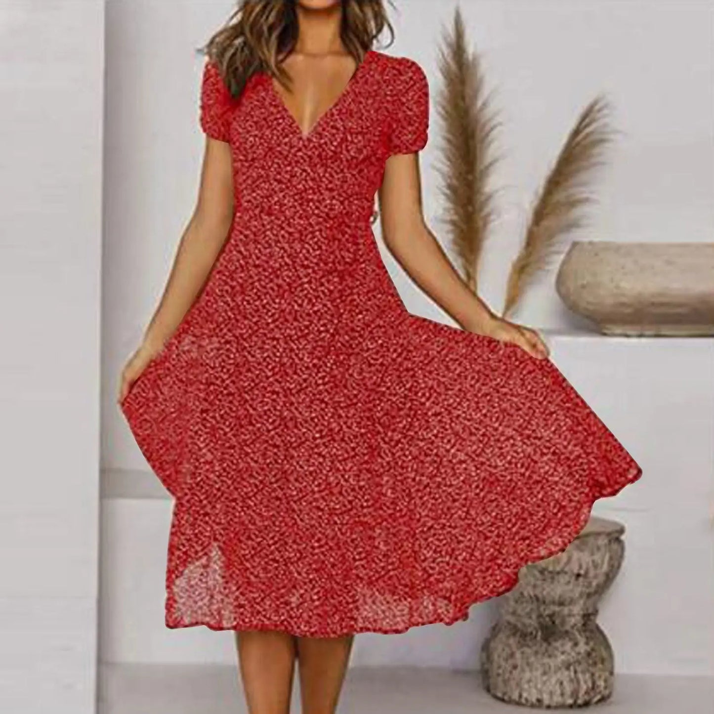 Printed V-Neck Short-Sleeved Lace-Up Dress null