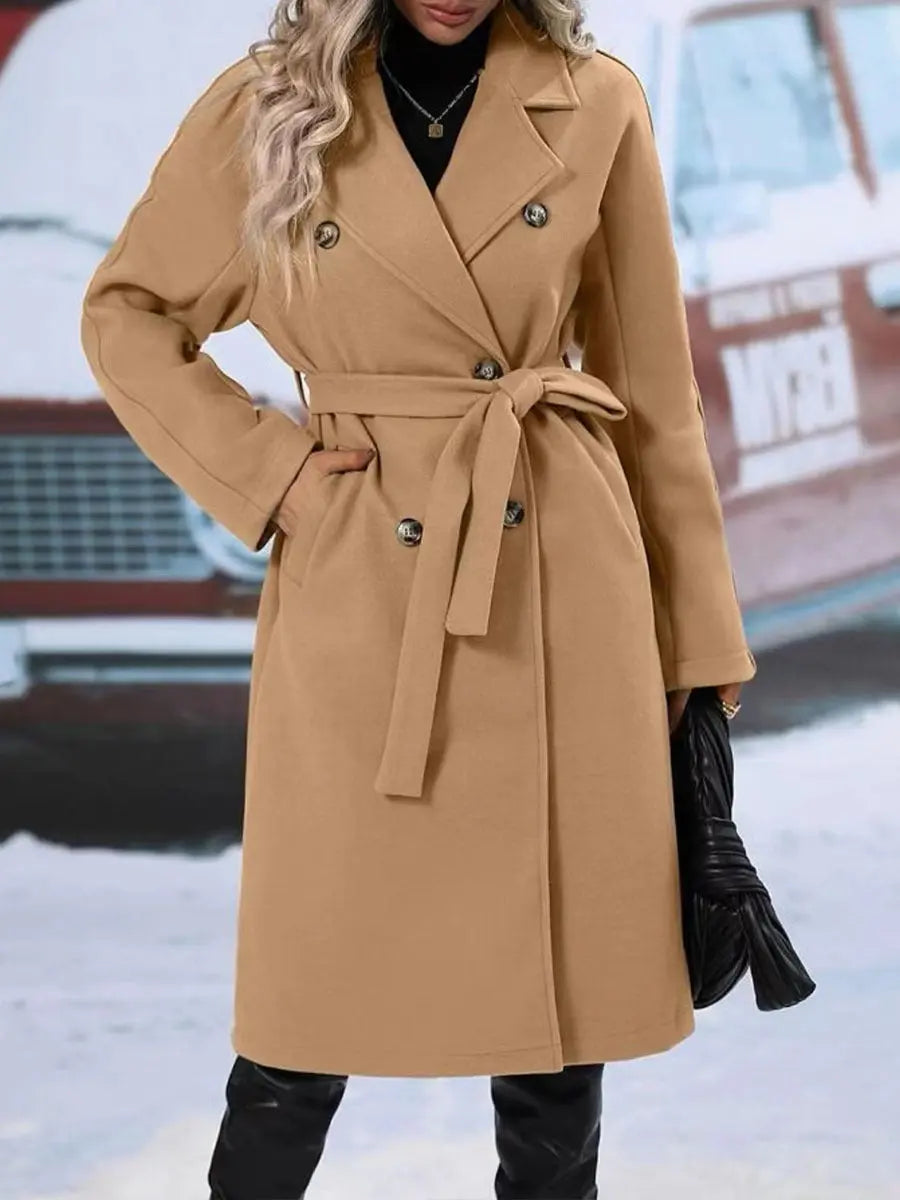 Lapel Double-breasted Trench Coat With Belt Winter Fashion Solid Color Long Jacket Outwear Women Clothing null