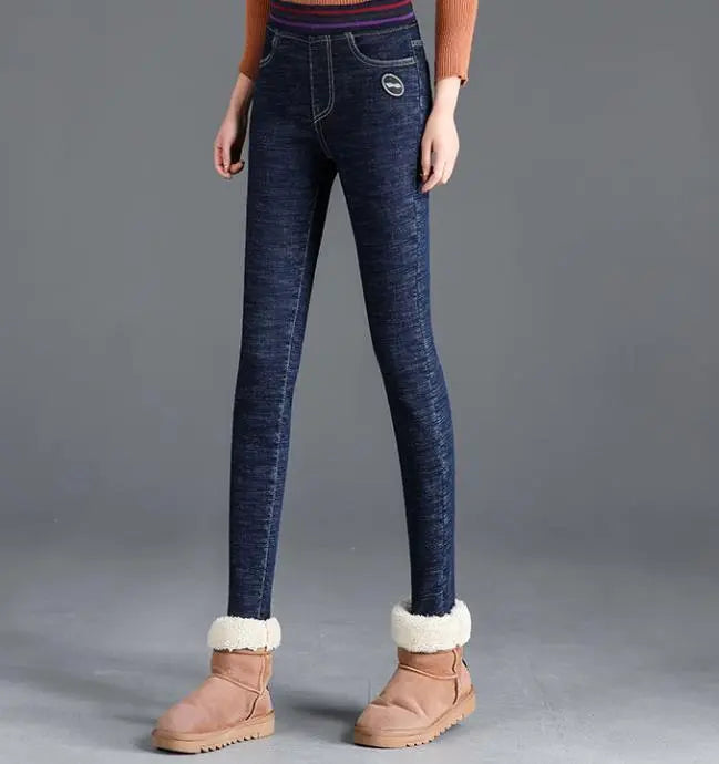 Outer wear warm stretch and fleece elastic waist jeans Nipaaj