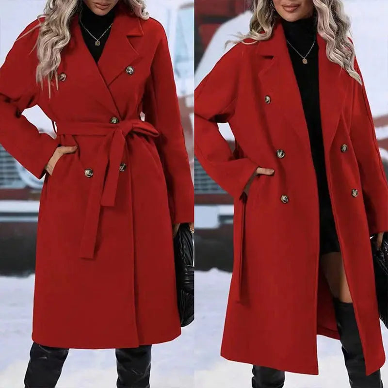 Lapel Double-breasted Trench Coat With Belt Winter Fashion Solid Color Long Jacket Outwear Women Clothing null