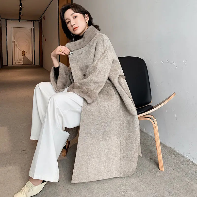 Mink Fur Lace Up Slim Fit Wool Overcoat null